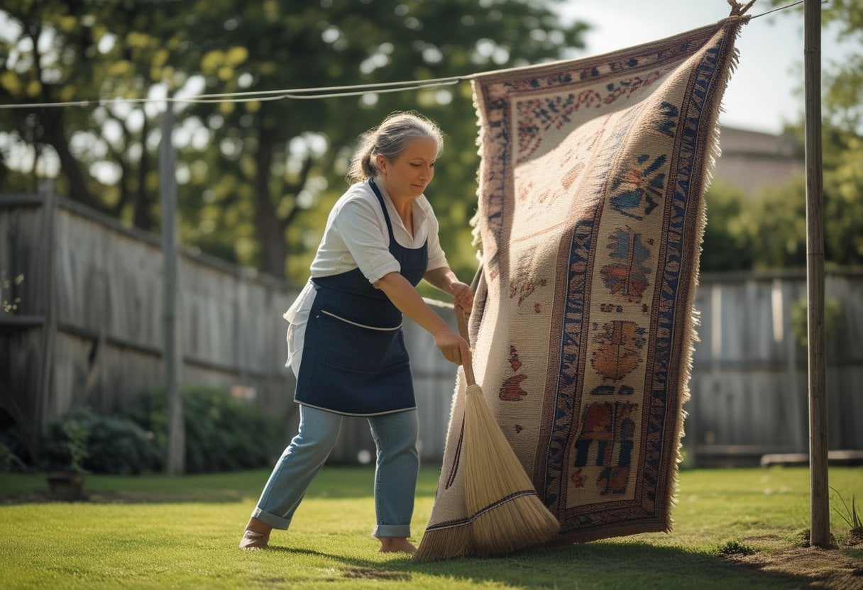 A woman outdoors sweeping and beating a rug hanging on a clothesline in a sunny backyard.