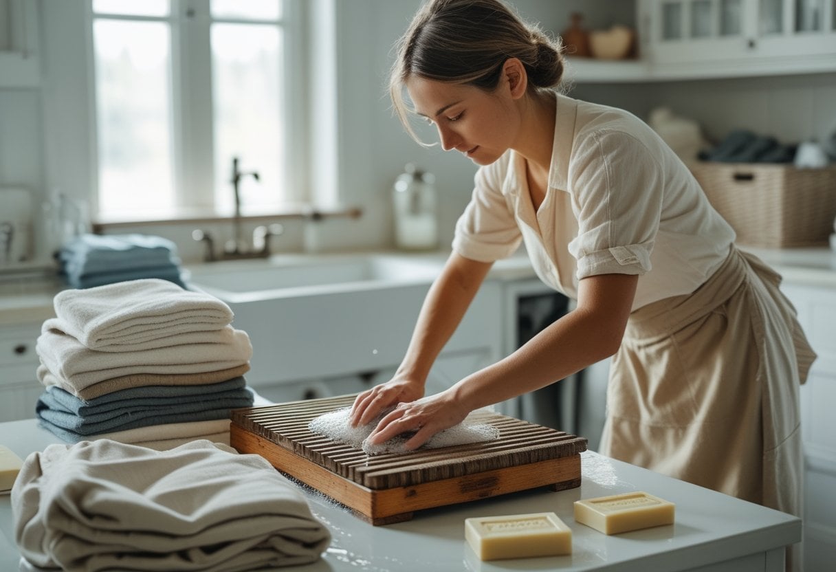 A woman handwashing clothes using a wooden washboard and basin in a bright laundry room.