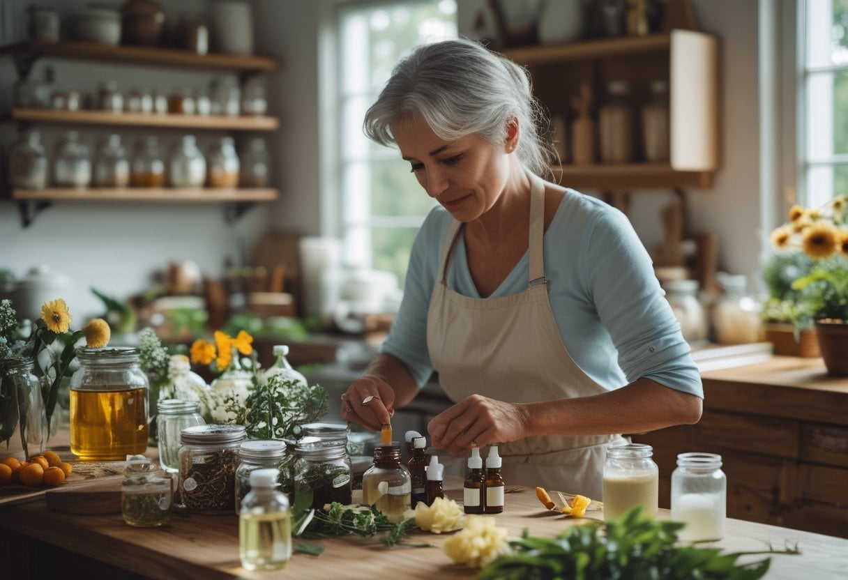 A woman preparing homemade remedies and tinctures in a bright kitchen with jars and herbs on the counter.