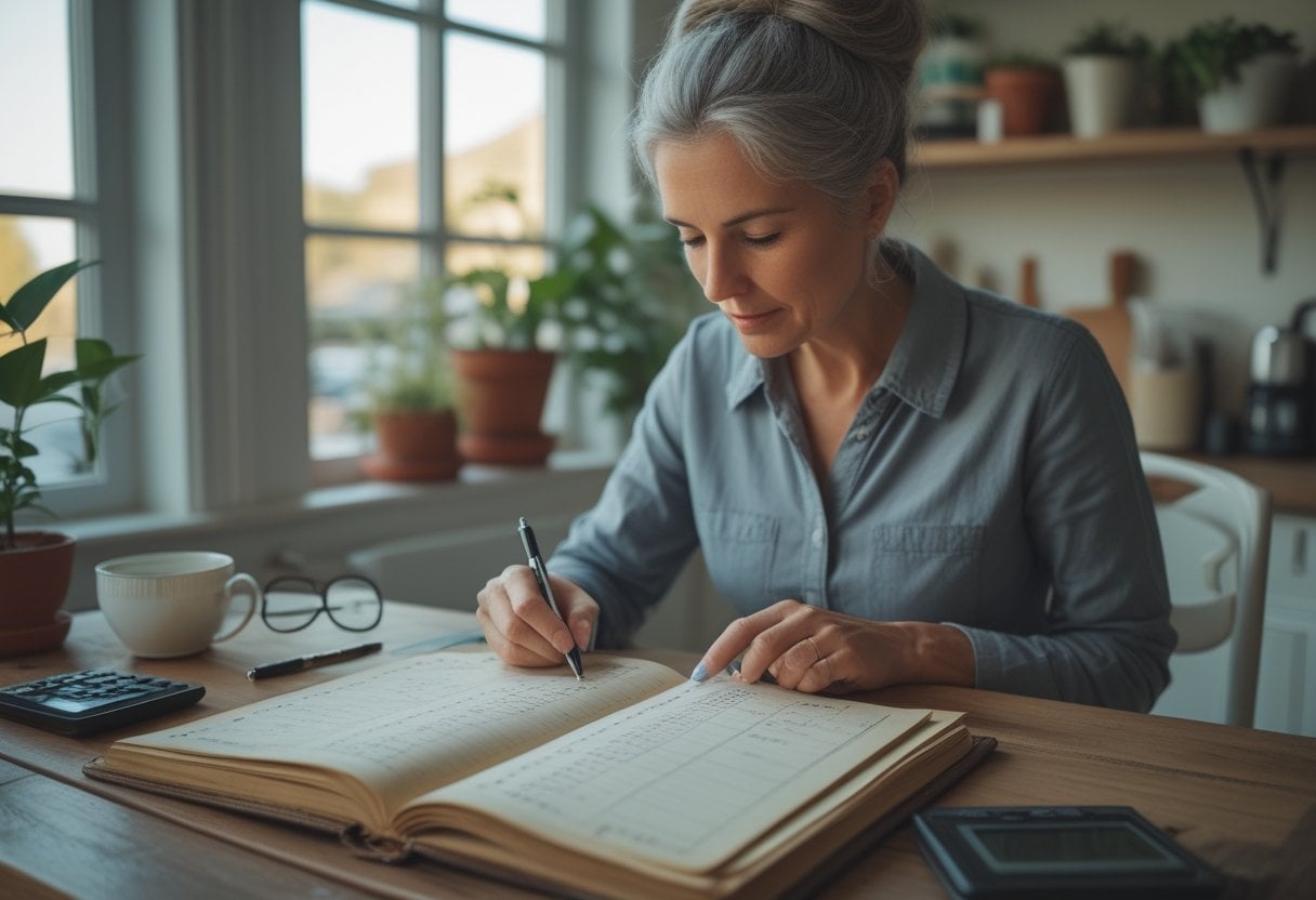 A woman writing in a household ledger at a wooden table surrounded by a cup of tea, glasses, and a calculator in a bright, tidy home setting.