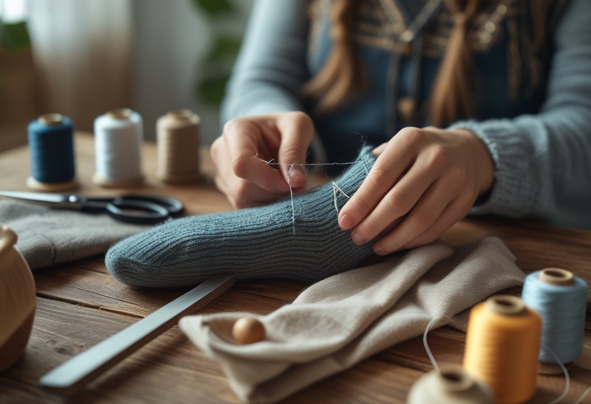 Hands mending a sock by hand with sewing tools on a wooden table.