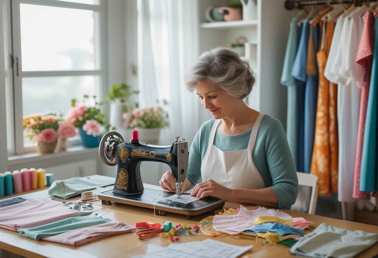 A woman sewing clothes on a vintage sewing machine in a bright home sewing room filled with fabrics and sewing supplies.