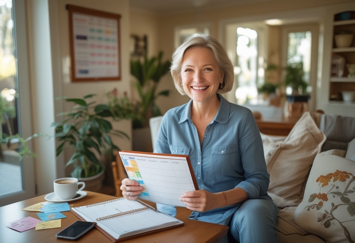 A middle-aged woman smiling while holding a planner and smartphone in a cozy living room with a wall calendar and greeting cards nearby.