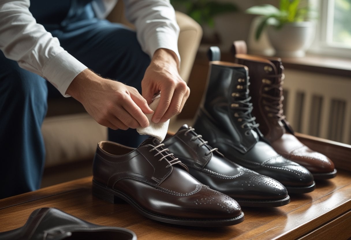 Hands polishing leather shoes and boots on a wooden table in a cozy home setting.