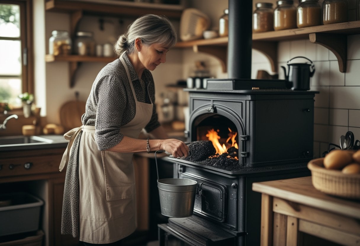 A woman cleaning ash from a traditional wood-fired stove in a cozy kitchen.