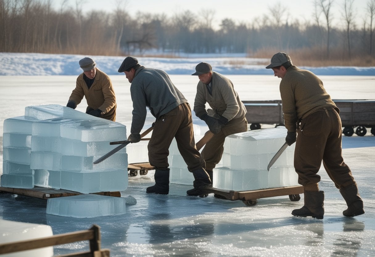 Workers cutting and lifting large blocks of ice on a frozen lake during winter.