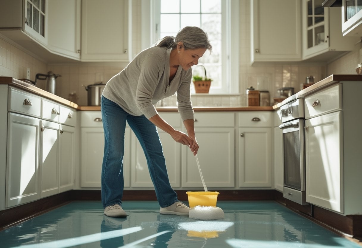 A woman scrubbing linoleum floors by hand in a bright kitchen with sunlight coming through the window.