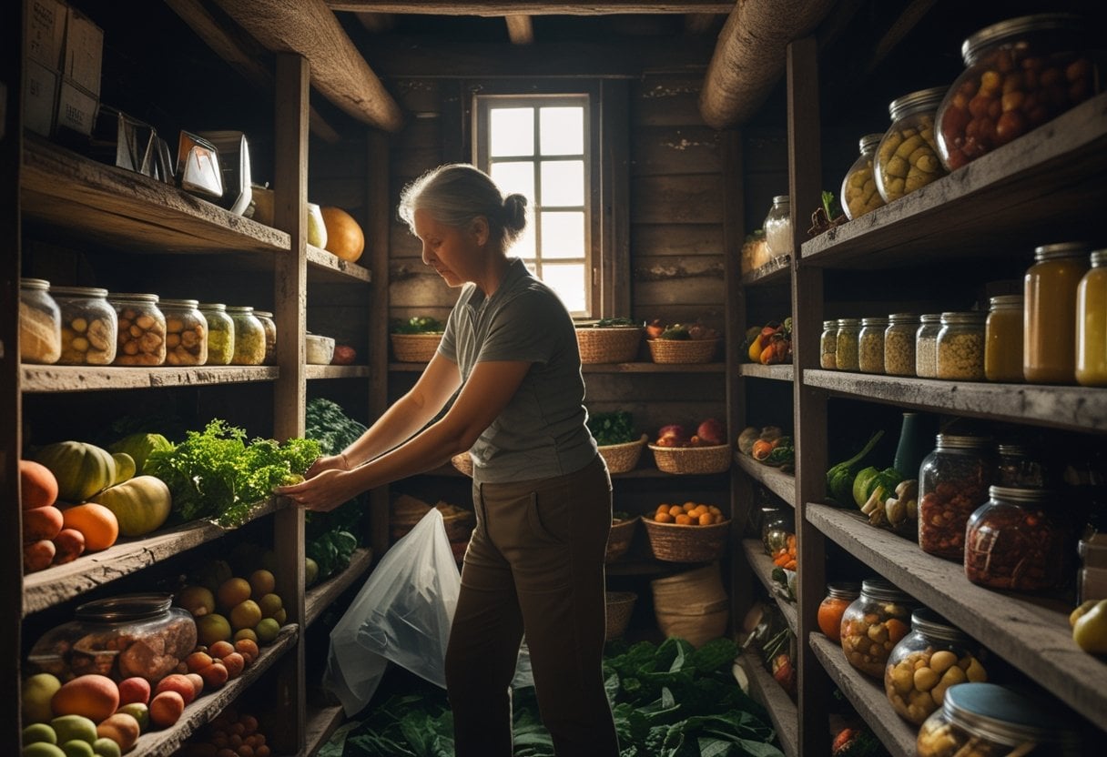A woman rotating perishable food items on shelves inside a root cellar filled with vegetables and preserved goods.