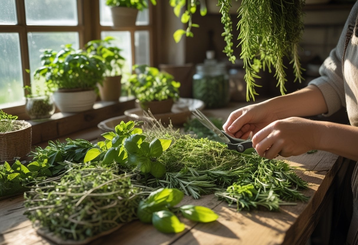 Hands harvesting fresh herbs on a wooden table with herbs drying nearby and potted herb plants on a windowsill.