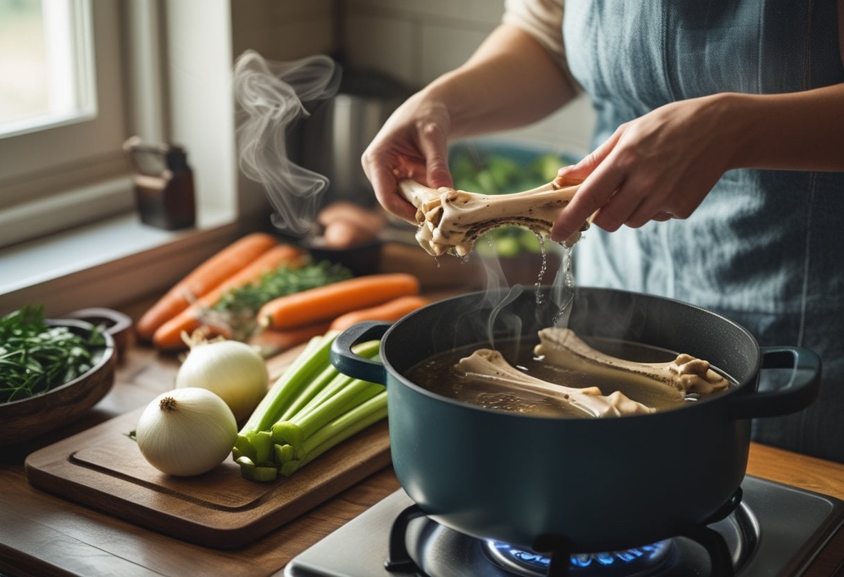 Hands placing bones into a pot on a stove surrounded by fresh vegetables in a kitchen.