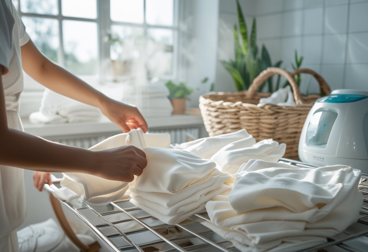 Person making and laying out cloth diapers to dry in a bright laundry room with a drying rack and basket of diapers.