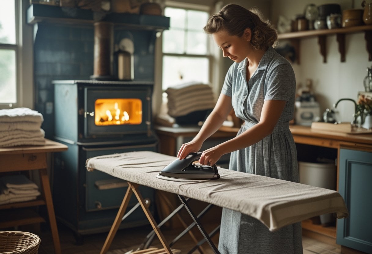 A person pressing clothes with a heavy flat iron heated on a stove in a kitchen.