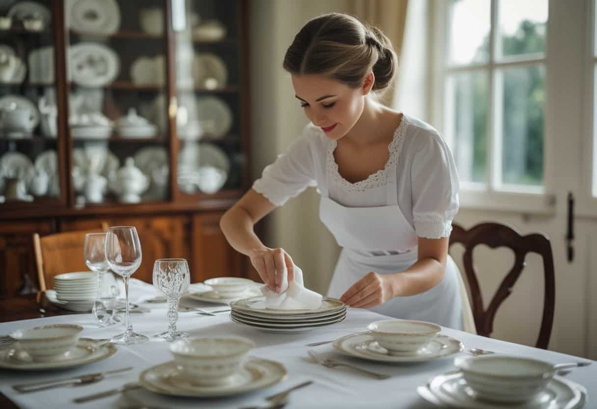 A woman polishing china and arranging a formal place setting on a dining table with fine china and silverware.