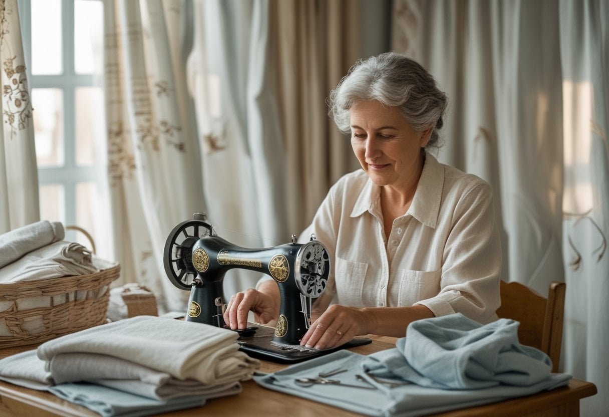 A woman sewing and repairing curtains and sheets at a table in a cozy room with natural light.