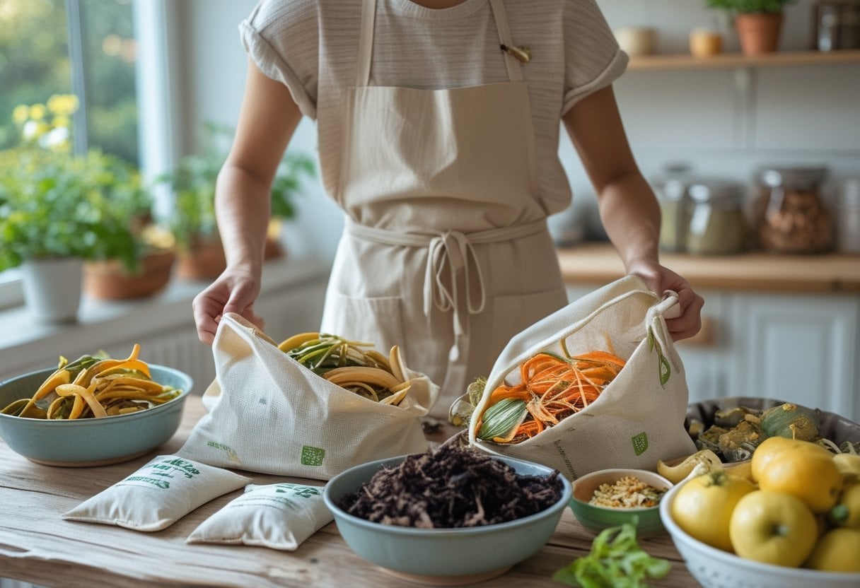 A person in a kitchen bagging vegetable and fruit scraps into reusable bags for compost and animal feed.