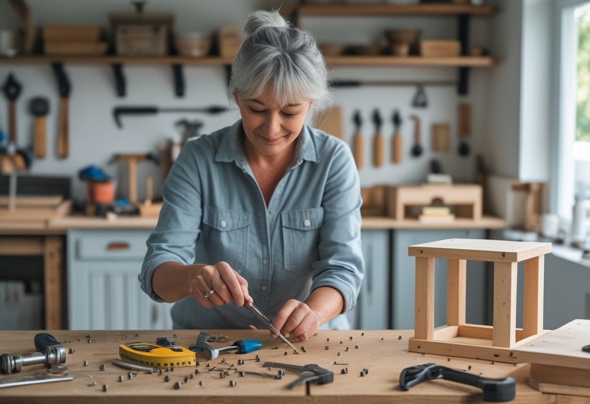 A woman repairing household tools and assembling simple wooden furniture at a workbench in a home workshop.