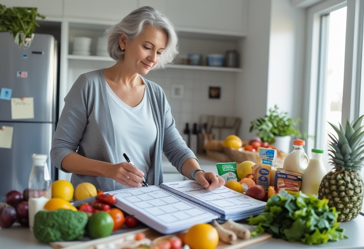 A woman planning her weekly icebox schedule in a bright kitchen with groceries and a calendar on the counter.