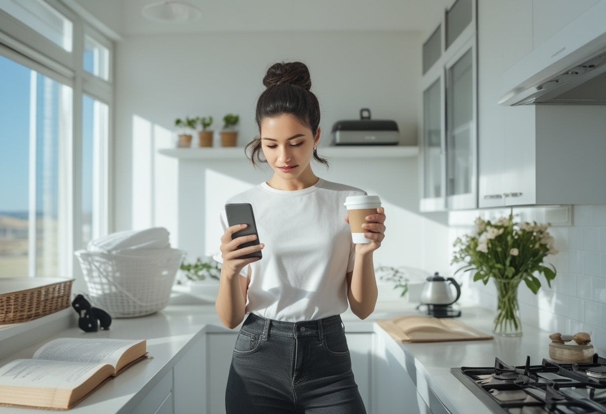 A woman in a modern kitchen holding a smartphone and coffee cup, with laundry and flowers nearby.
