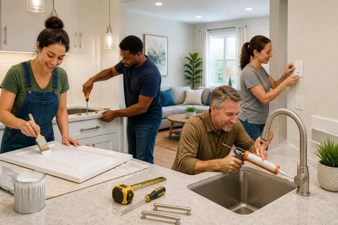 People fixing and updating various outdated home features in a bright, modern kitchen and living room space using simple tools.
