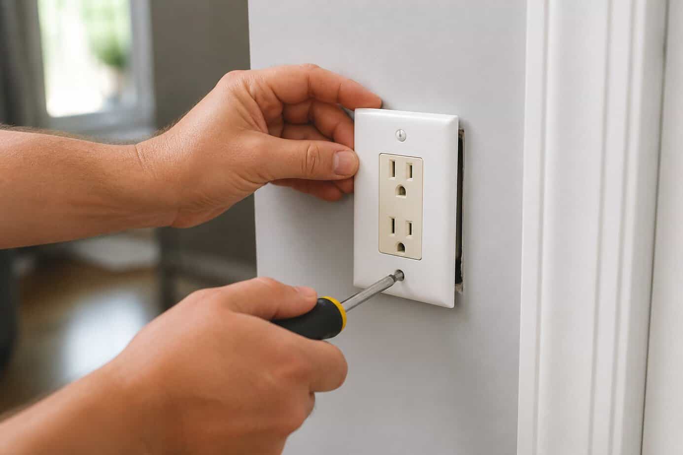 Hands installing a new white outlet cover over an old yellowed electrical outlet on a wall.