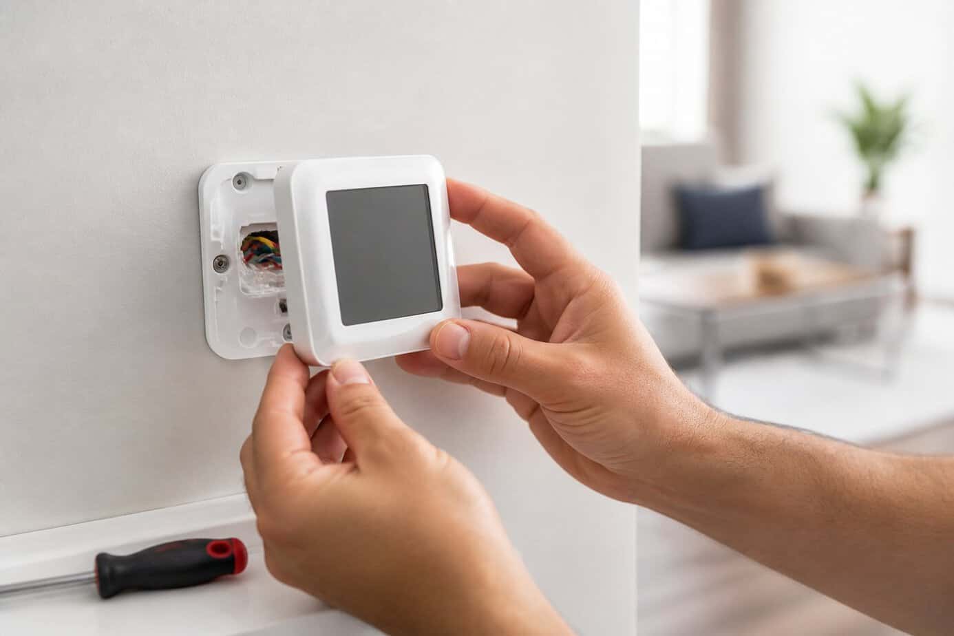 Person installing a Honeywell T5 thermostat on a home wall using a screwdriver.