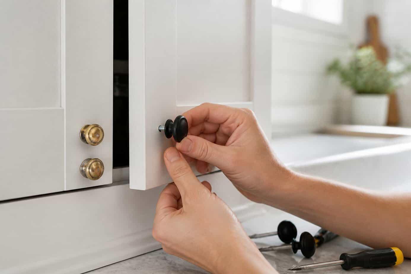 Hands replacing brass cabinet knobs with matte black knobs on kitchen cabinets.