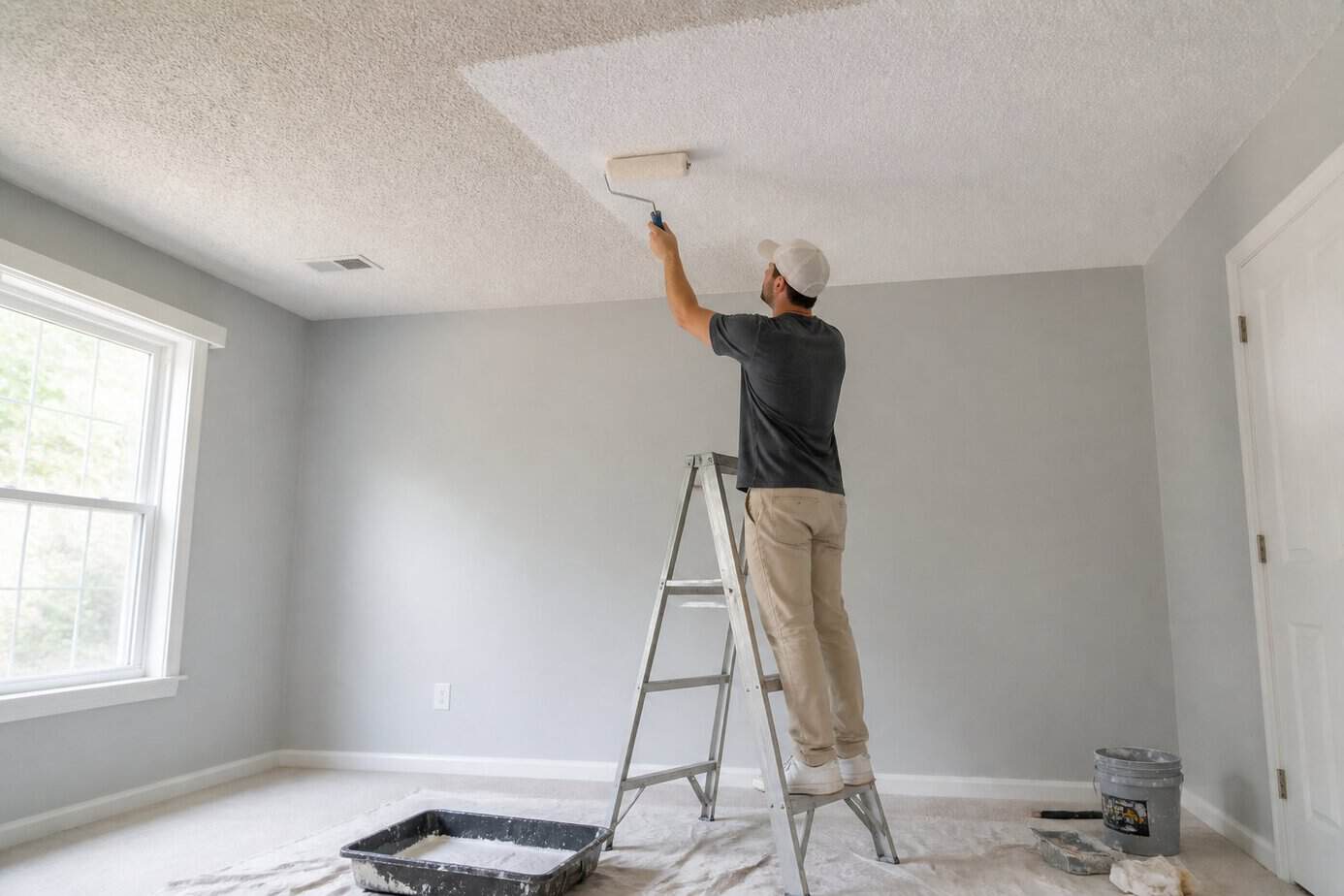A person standing on a ladder painting a popcorn ceiling with white paint in a bright room.