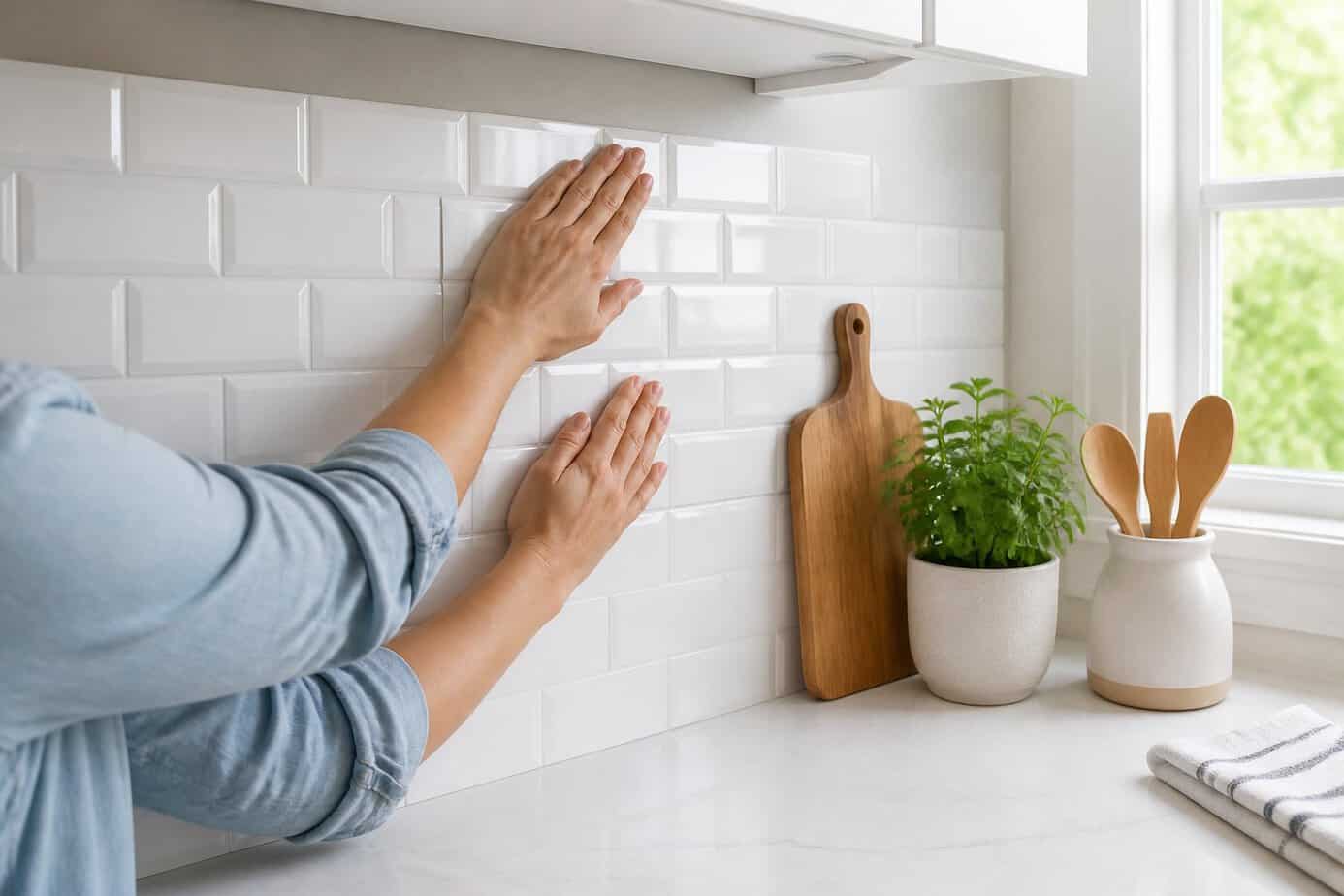 Person applying peel-and-stick subway tile backsplash on a kitchen wall above a countertop with kitchen items.