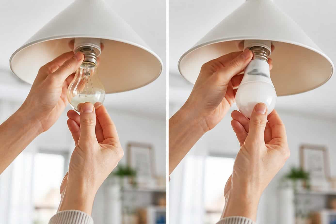 A person replacing an old incandescent light bulb with a new Philips Hue white bulb in a ceiling light fixture.