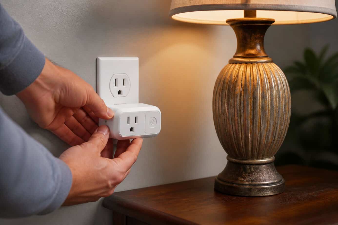 Person installing a TP-Link Kasa smart plug into a wall outlet next to an old lamp in a home setting.