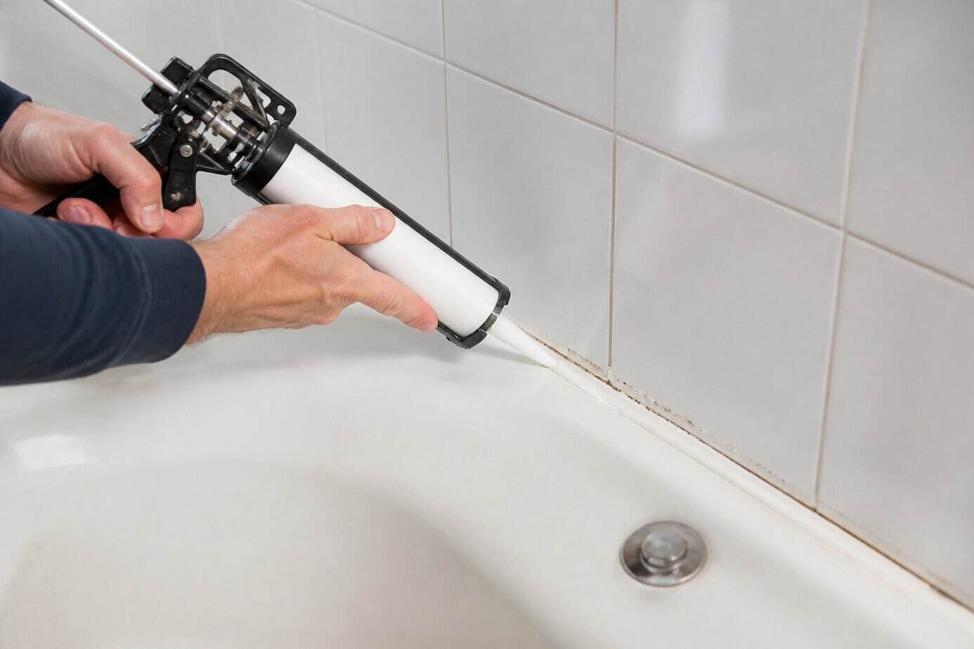 Close-up of hands applying white silicone caulk to the edge of a bathtub in a bathroom.