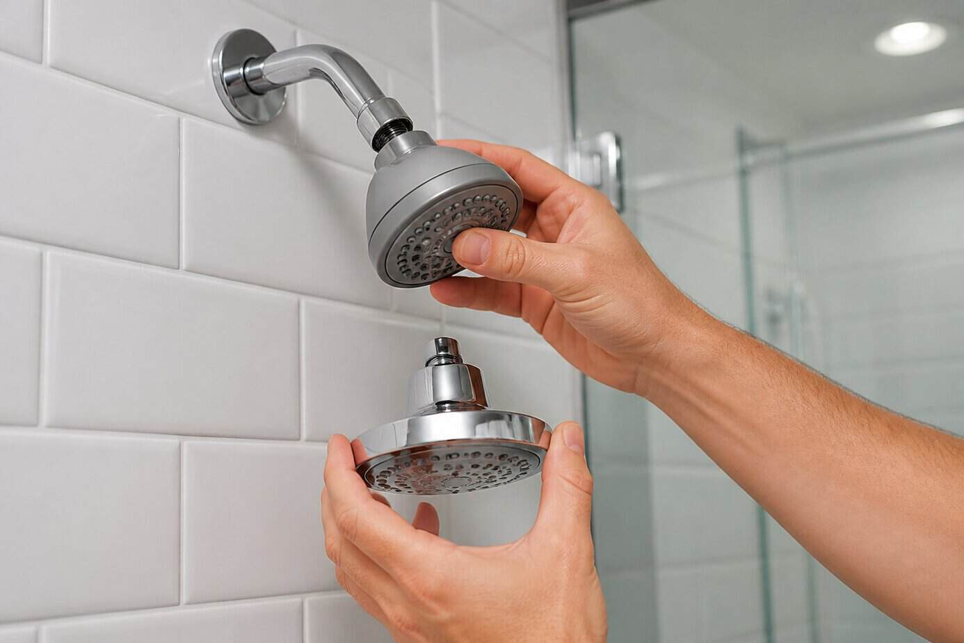 Person replacing an old showerhead with a new high-pressure Moen showerhead in a bathroom.