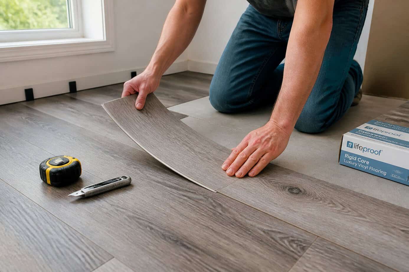 Person installing peel-and-stick vinyl plank flooring in a small room, pressing a plank onto the floor.