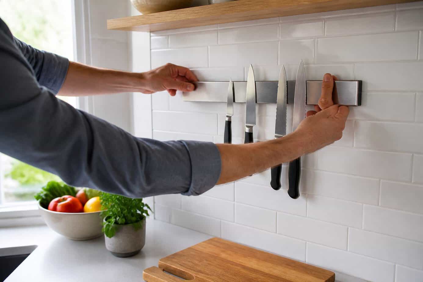 Hands installing a magnetic knife strip on a kitchen backsplash above a clean countertop with fresh vegetables and a herb plant nearby.
