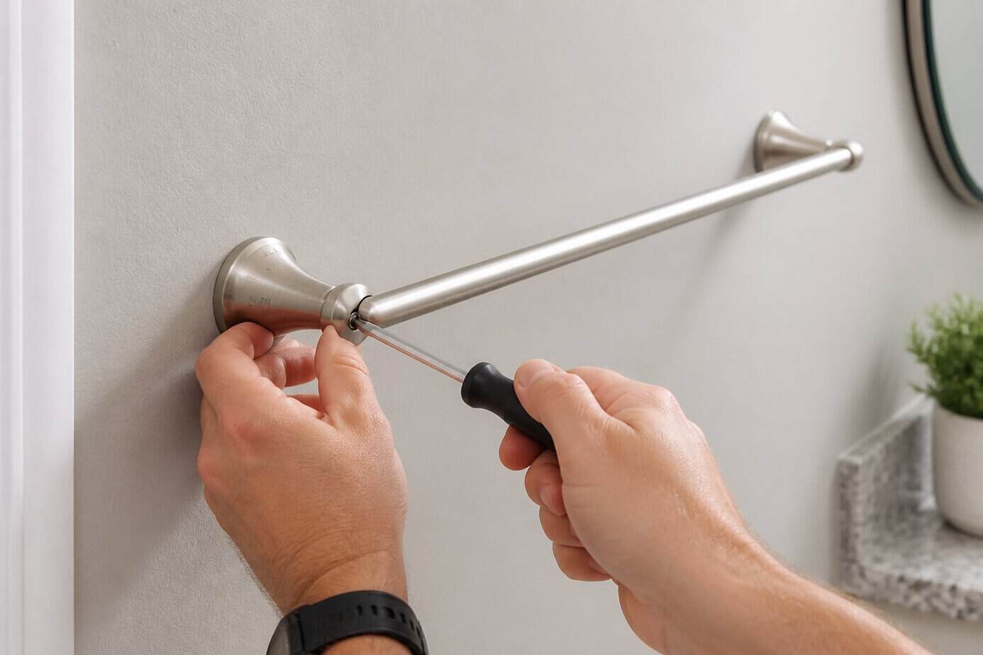 Hands installing a brushed nickel towel bar on a bathroom wall using a screwdriver.