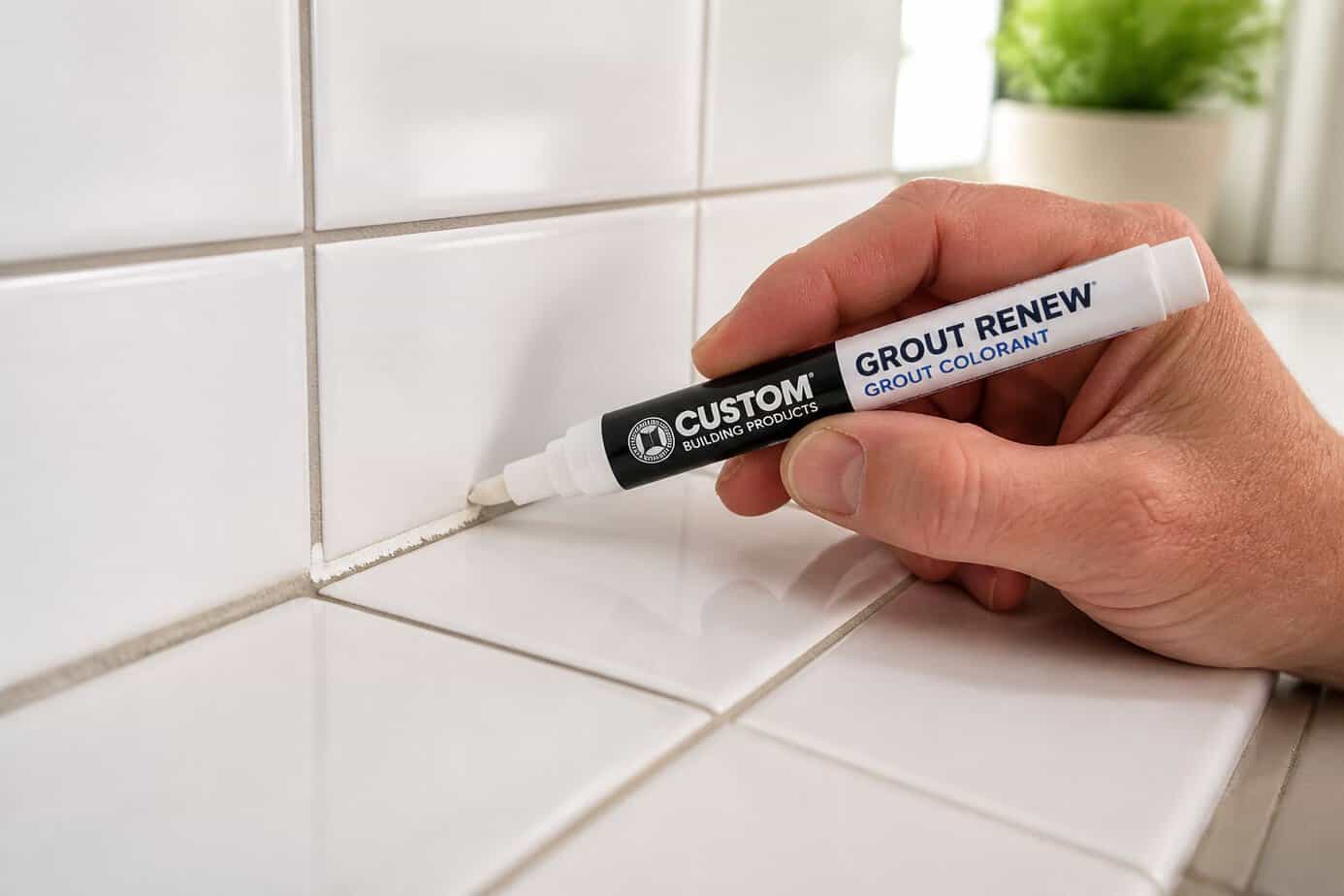 A person applying grout colorant with a pen to grout lines between white tiles.
