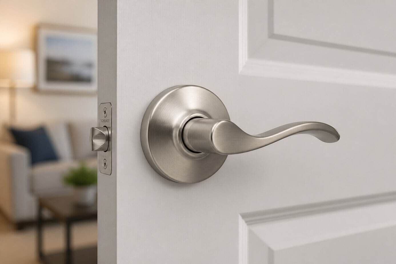 Close-up of a modern interior door with a satin nickel lever handle in a home setting.