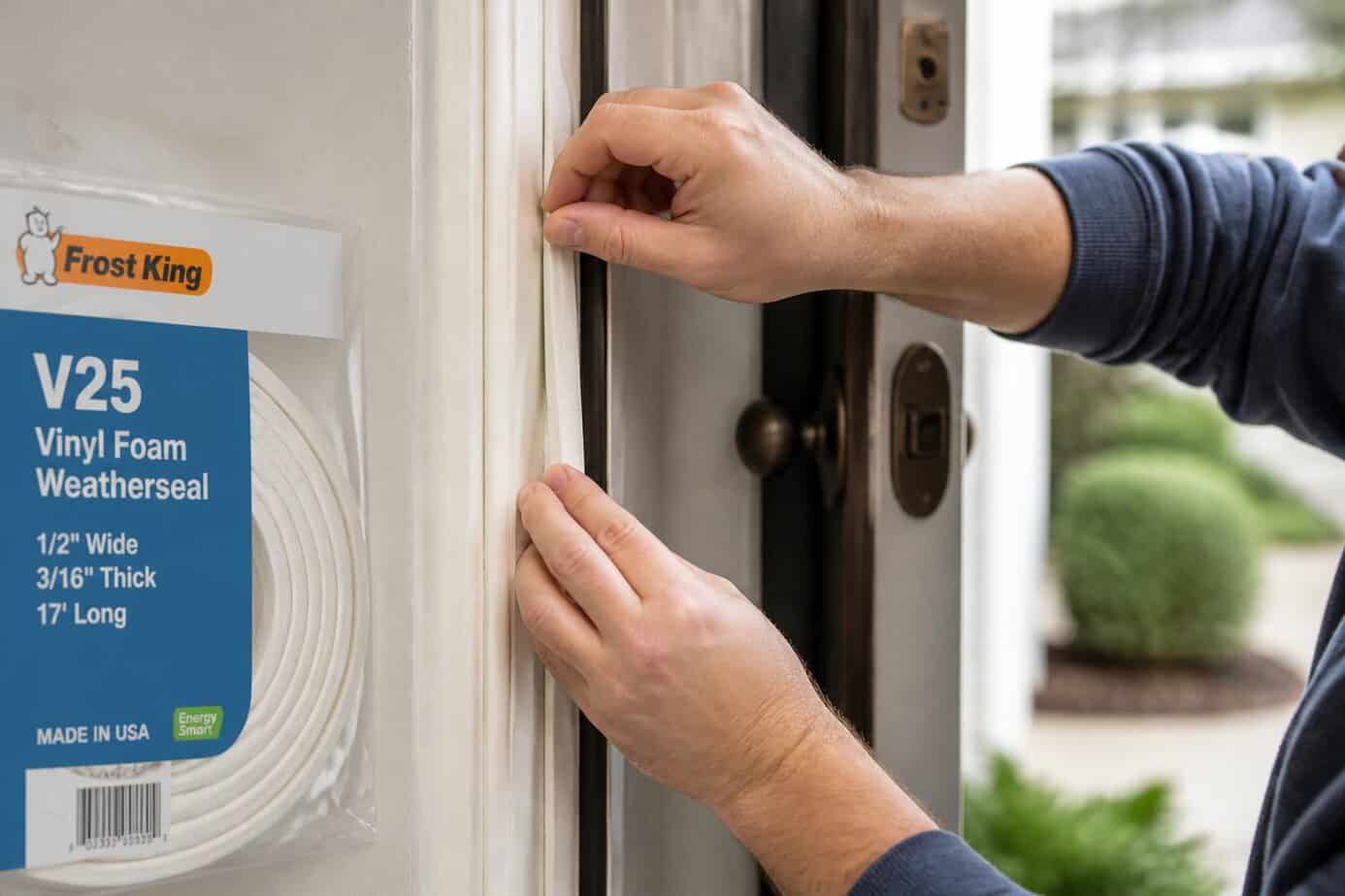 Hands installing weatherstripping on an exterior door frame to prevent drafts.
