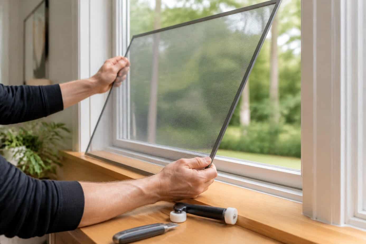 Person replacing an old yellowed window screen with a new aluminum screen in a home window.