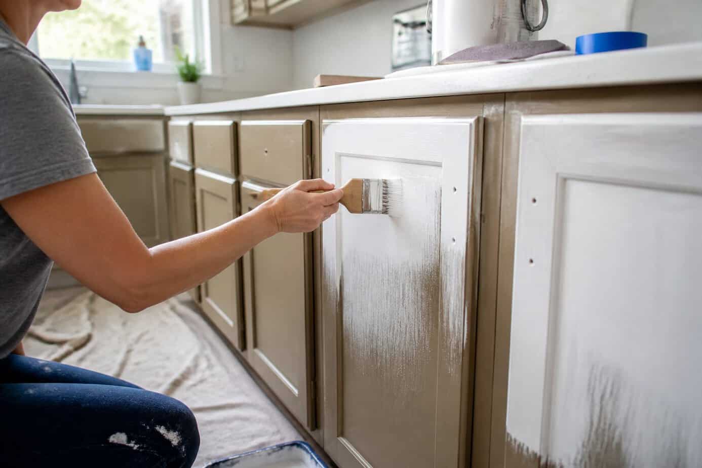 Person painting dated kitchen cabinets with bonding primer in a bright kitchen.