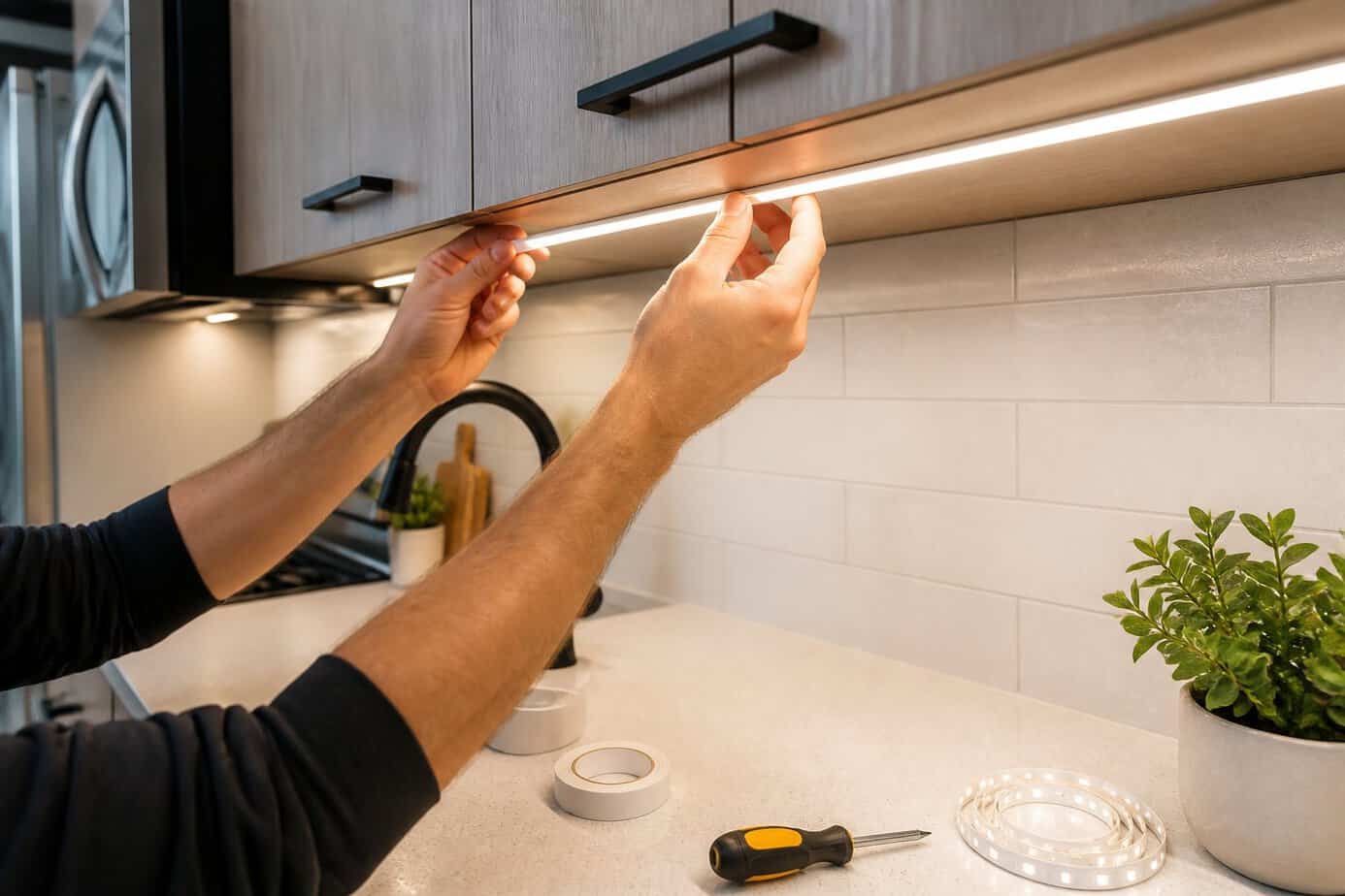 Hands installing LED strip lights under kitchen cabinets, illuminating the countertop in a modern kitchen.