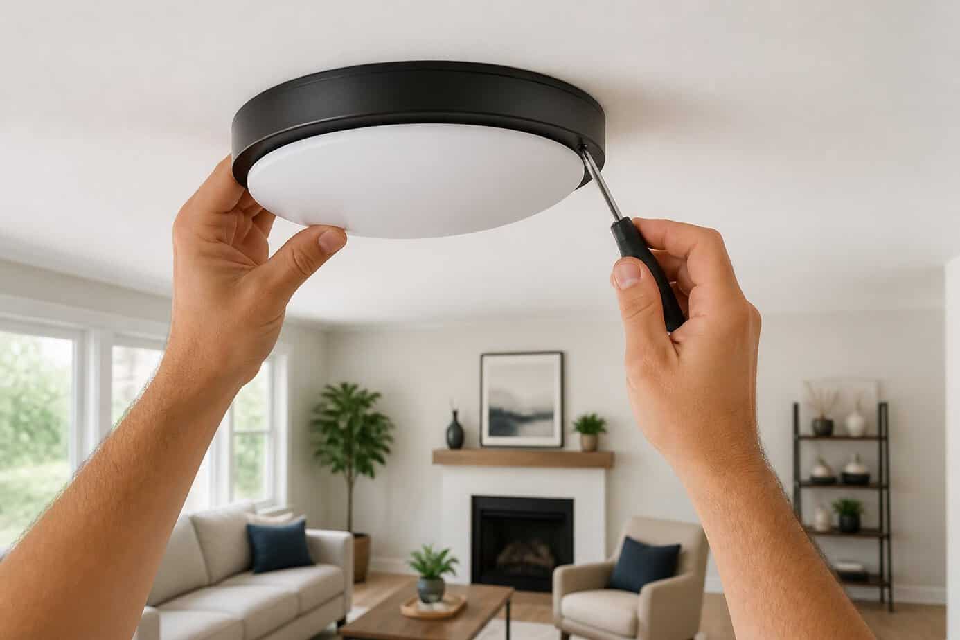 Hands installing a modern flush mount ceiling light fixture in a living room.