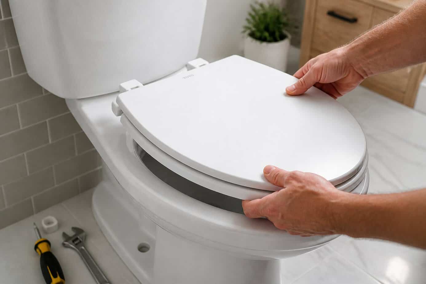Hands installing a new white toilet seat on a toilet in a bright bathroom.
