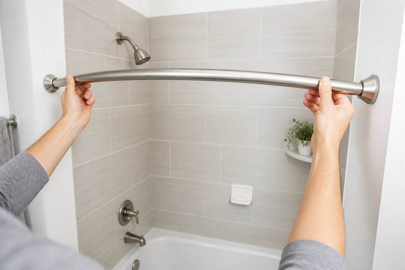 Person installing a curved shower curtain rod in a bathroom above a bathtub.