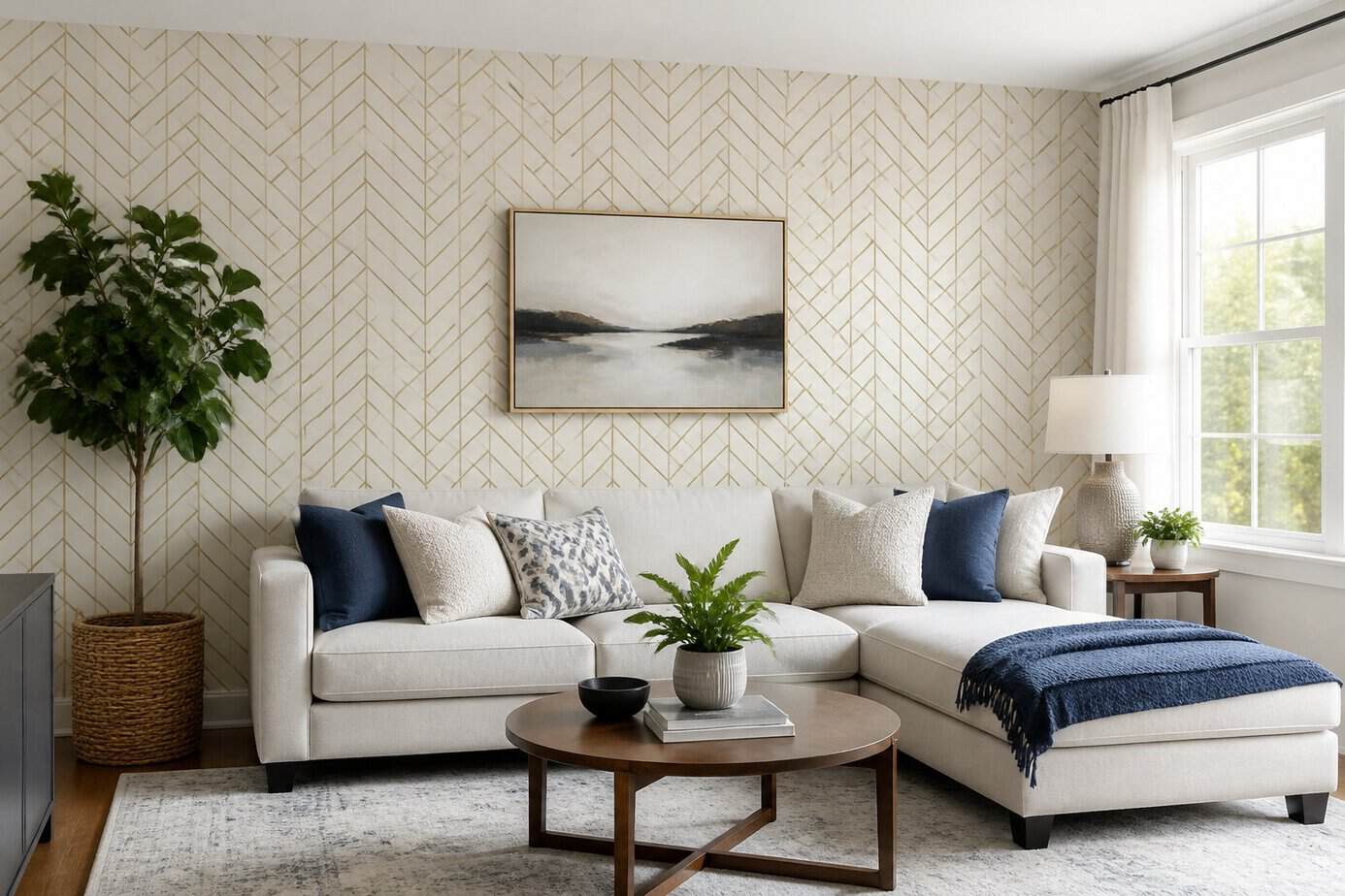 Living room with a newly installed peel-and-stick wallpaper accent wall, sofa, coffee table, and natural light from windows.