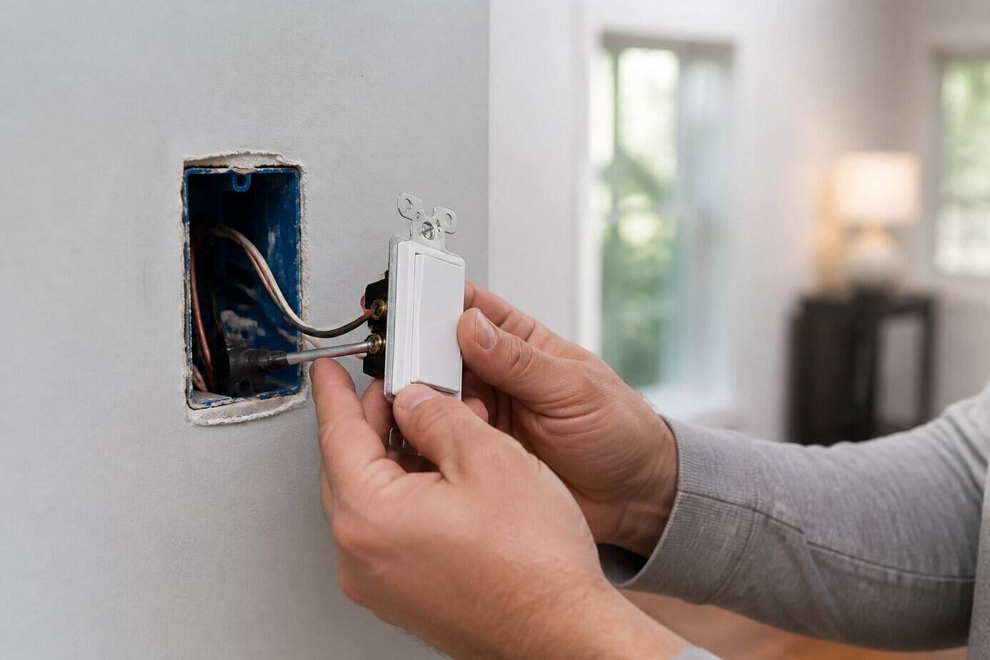 Person installing a Lutron Diva dimmer switch on a wall in a home.