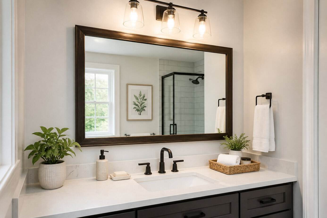 A bathroom with a newly installed framed mirror above the sink, showing a clean and updated space.