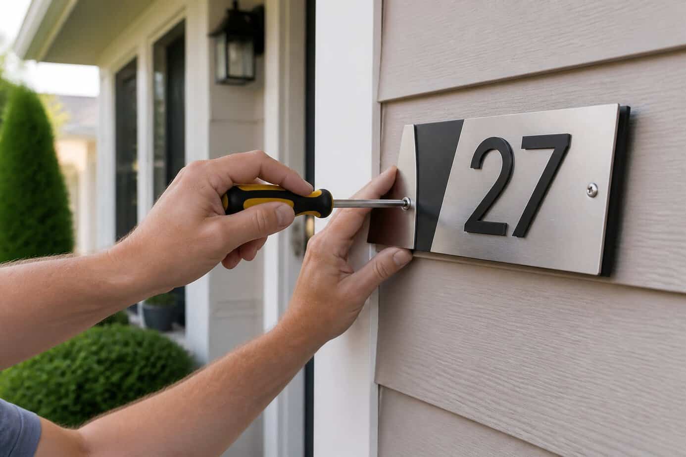 Person installing a modern house number plaque on the exterior wall of a suburban home using a screwdriver.