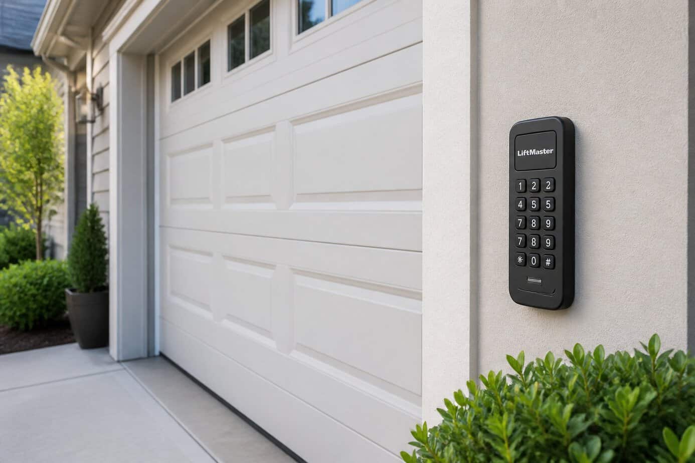 A close-up view of a programmable garage door keypad mounted next to a closed residential garage door on a clean exterior wall.