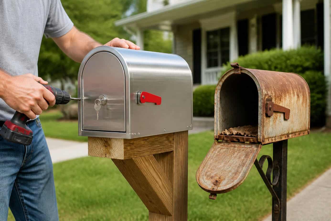 A person installing a new steel locking mailbox in front of a house, replacing an old rusty mailbox.
